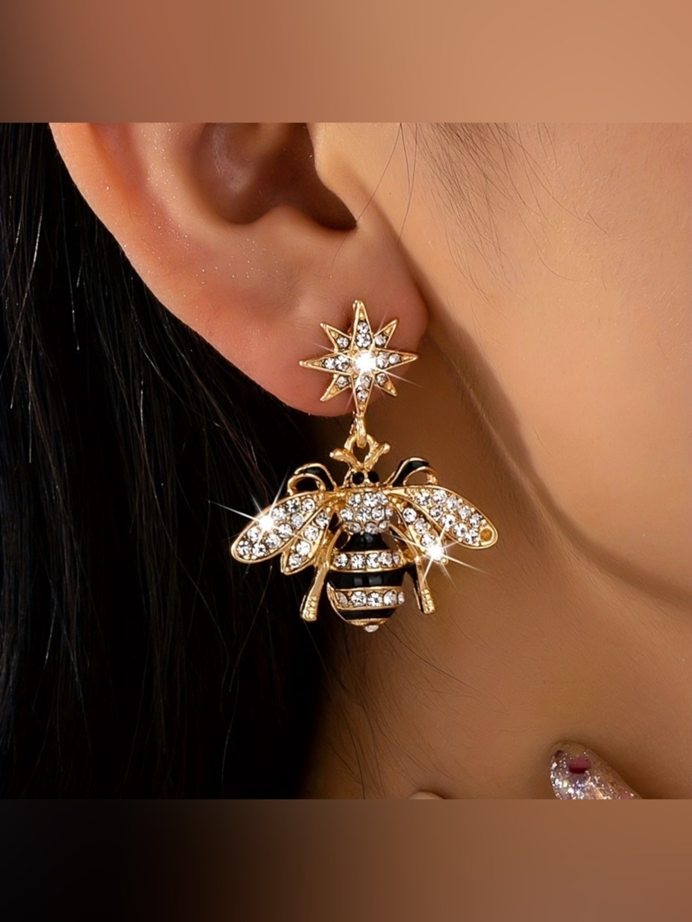 Bee Crystal Honey Earrings Shiny Earrings - Picture 7 of 7